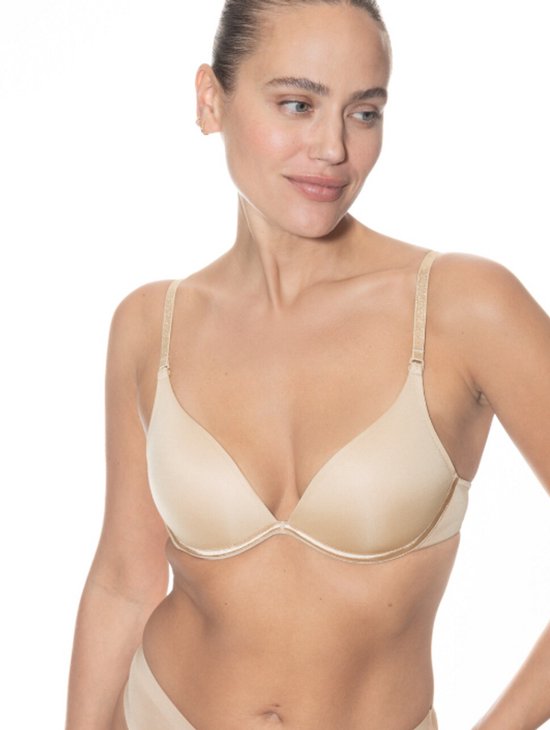 Nude beugel BH met glitter bandjes en off-white bies.