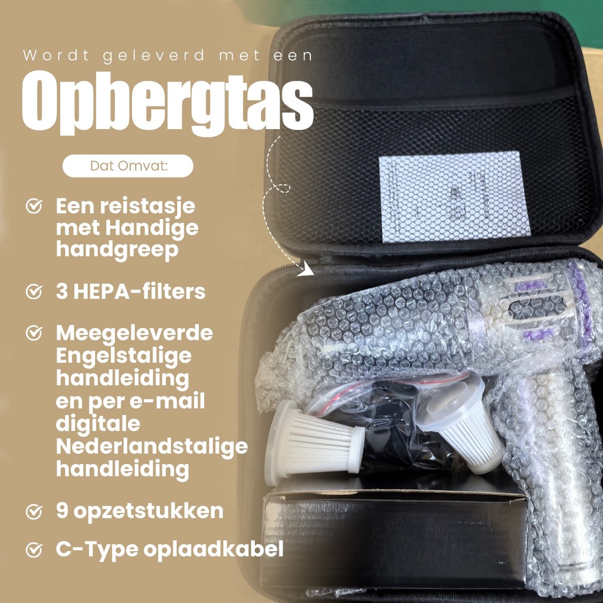 Kruimeldief Snoerloos - Handstofzuiger - 20.000 Pa zuigkracht - Auto Stofzuiger met 9 Opzetstukken - Kruimelzuiger - 100W - Airduster - Zuigen & Blazen — afbeelding 4