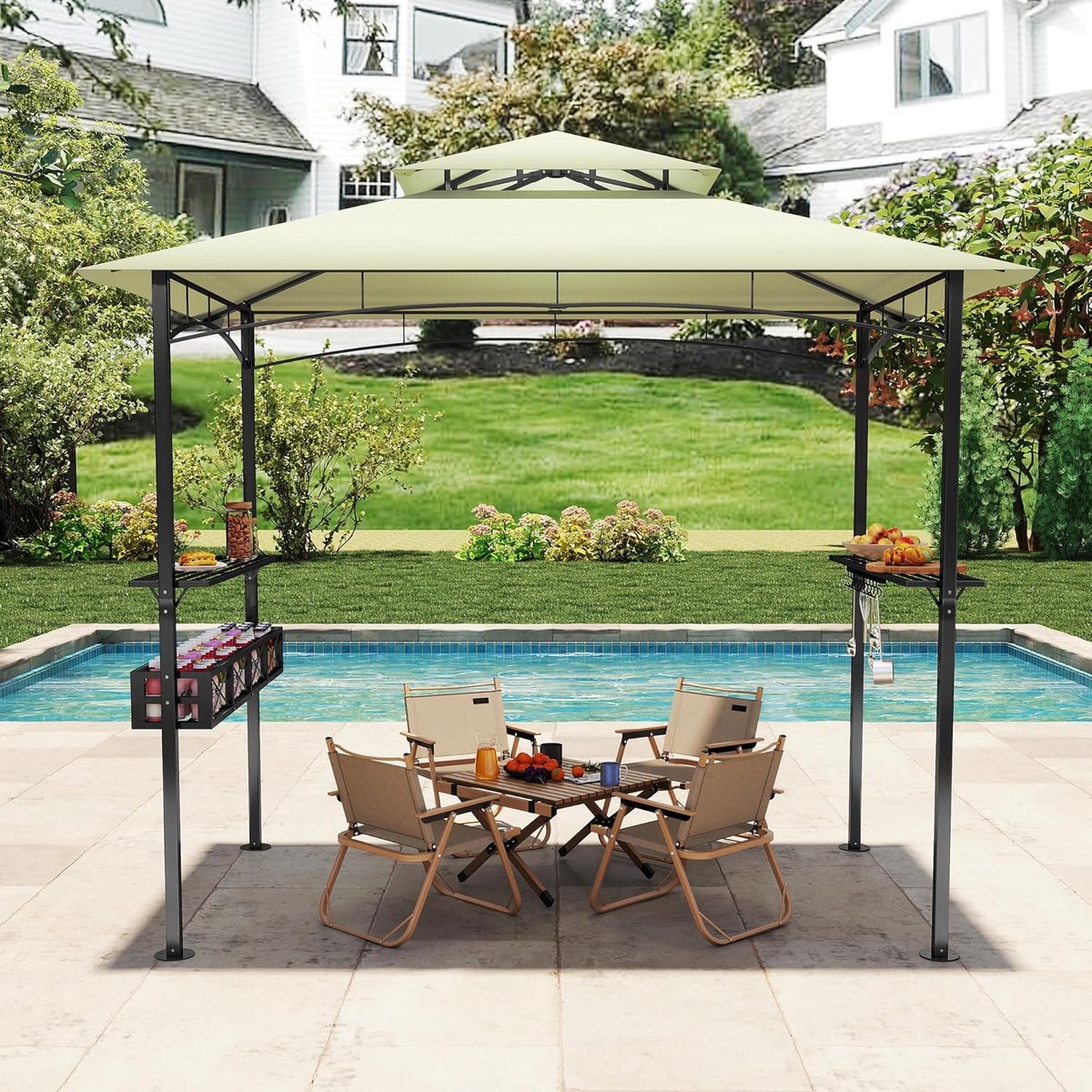Aufun barbecuepaviljoen – 2,45 x 1,53 m – beige – partytent met dubbele afdekking – metalen frame – met planken en opbergmanden