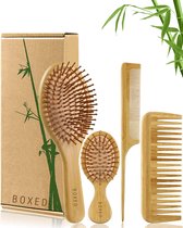 Boxed Bamboe Haarborstel en Kam Set - Hoofdhuid Massage Borstel - Haarborstel Antiklit - Hoofdmassage - Haargroei Versneller - Alle Haartypen - Verschillende Maten
