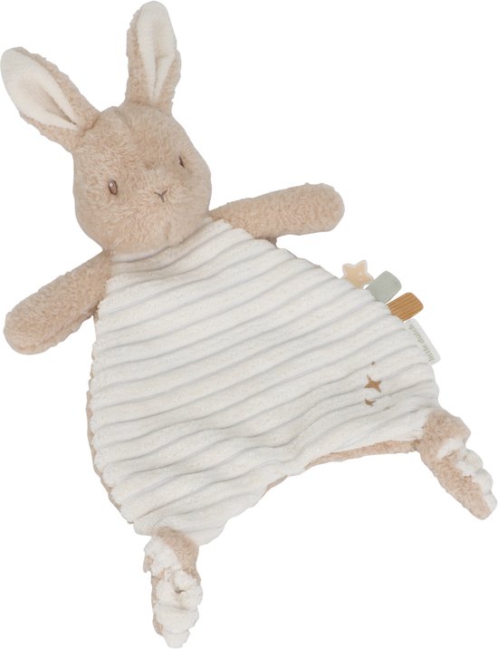 Zachte beige konijnenknuffel met gestreepte body, ribstof en sterrenpatroon.
