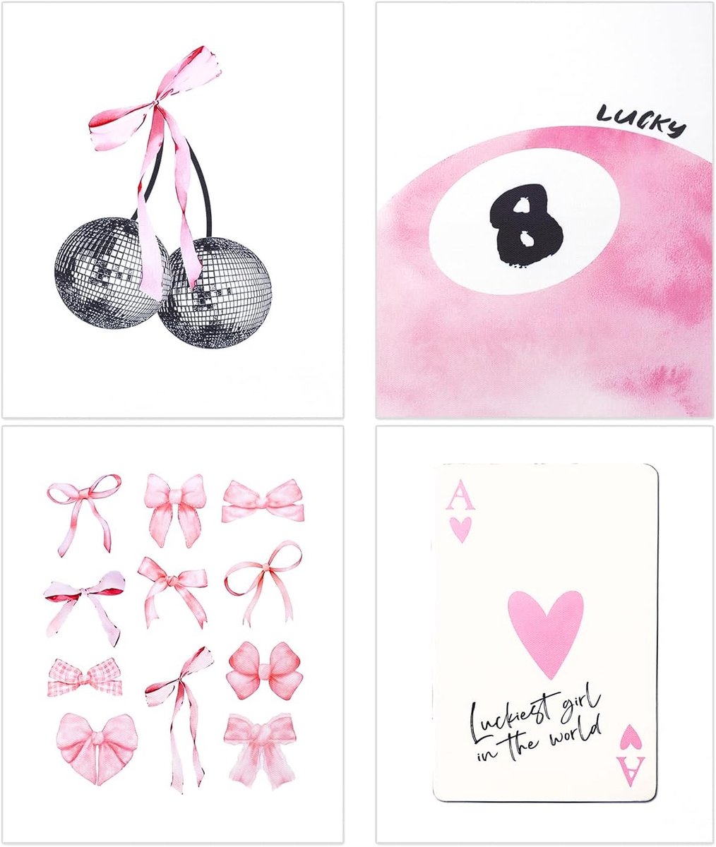 Image of 4 Pieces Dorm Posters - 25x20cm Unframed Wall Prints - 4 Styles Pink Theme Wall Art - Preppy Aesthetic Wall Decoration Posters voor Meisjes Dorm Slaapkamer