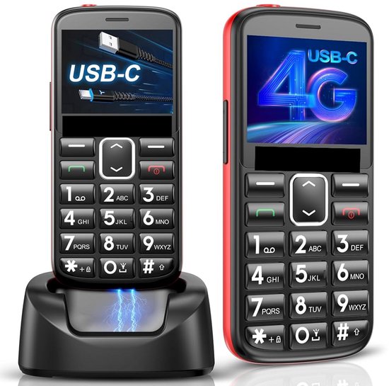 Twee senioren mobiele telefoons, één zwart met oplaadstation, één rood met 4G-logo op het scherm. Beide met grote toetsen en USB-C aansluiting.