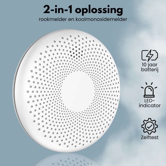 Witte 2-in-1 rook- en koolmonoxidemelder met 10 jaar batterij, LED-indicator en zelftestfunctie.