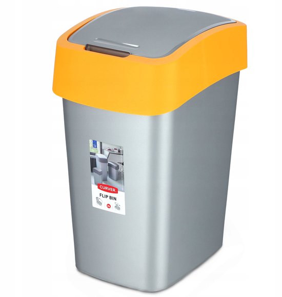 Cuver - Prullenbak / Afvalbak met deksel - Grijs met oranje frame - 25L, Flip Bin