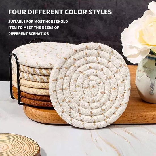 Set de 8 Sous-verres ronds avec support - Isolation thermique - Sous-verres antidérapants en coton tressé pour Verres - Sous-verres de verre avec support - Pour boissons, bar, tasses, dessous de verre de table - Ø 11 cm - Jaune