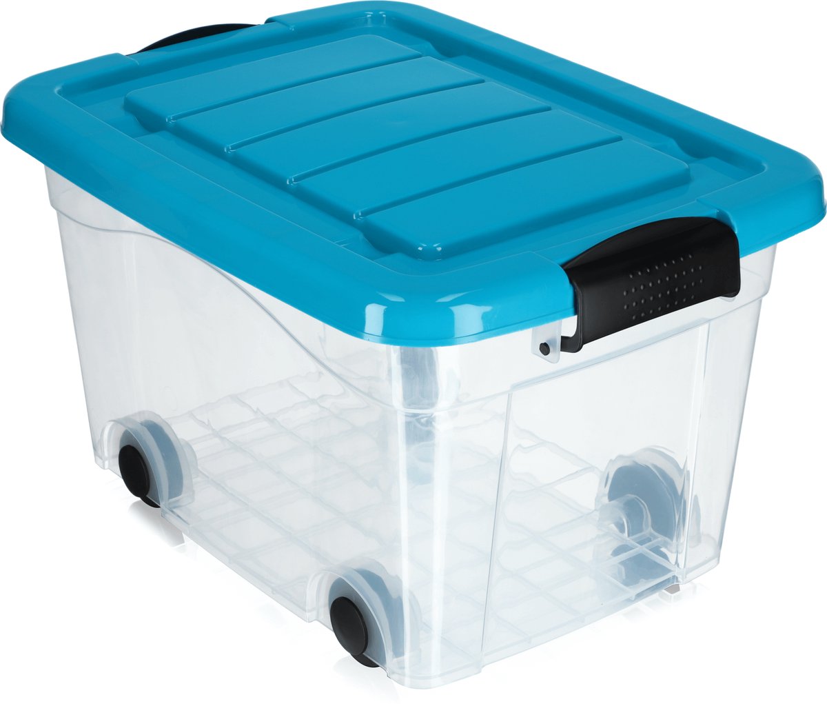 KADAX Kunststof container met wieltjes, 20 l, blauwe opbergdoos van kunststof, organizer met deksel, clipbox voor speelgoed, opbergcontainer met kliksluiting