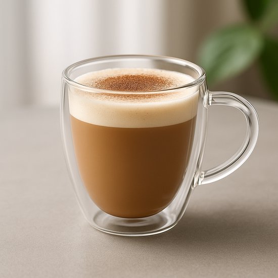 Une tasse à café en verre à double paroi avec une anse, remplie d'un café crémeux avec de la mousse de lait et de la cannelle.