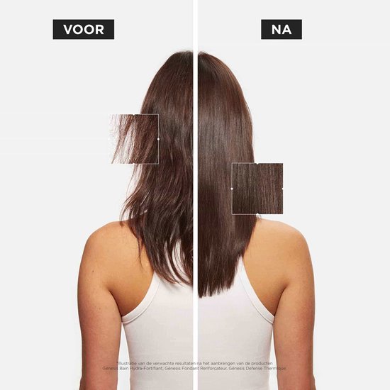 Avant et après l'utilisation de Kérastase Genesis. À gauche, cheveux abîmés. À droite, cheveux après traitement.