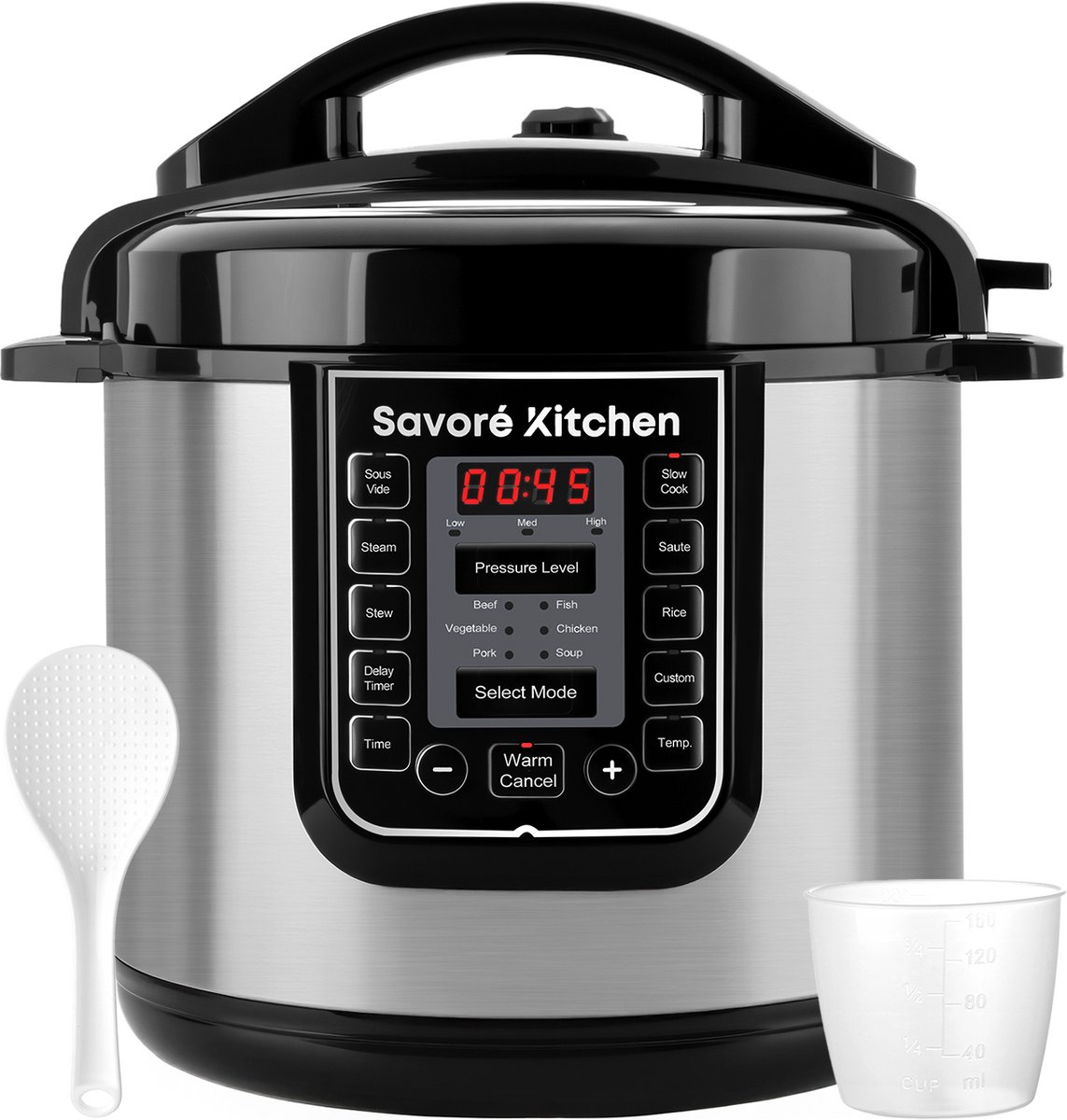 Savoré Kitchen Pressure Cooker – 6L – PFAS Vrij – Snelkookpan, Rijstkoker, Slowcooker, Stomer & Sous-vide in één – Multicooker - Savoré review en vergelijking - €69,95