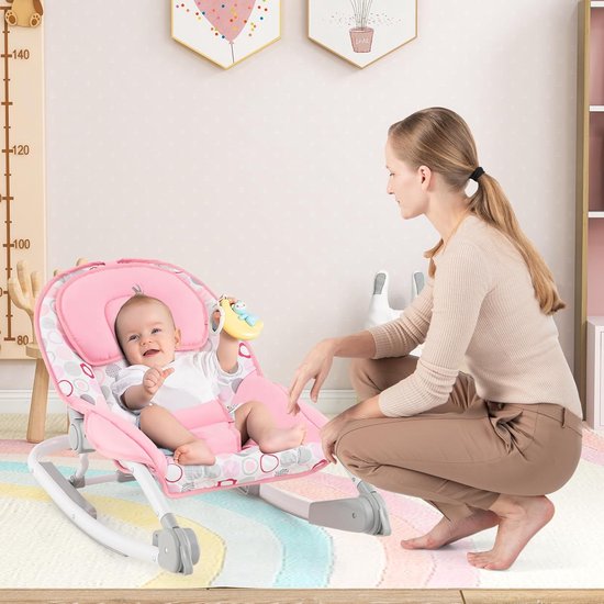 COSTWAY 2-in-1 babywip, inklapbaar, draagbare babyschommel met 3-traps verstelbare rugleuning en afneembare speelboog, babywip met veiligheidsgordel, babywieg tot 9 kg belastbaar (roze) — afbeelding 3