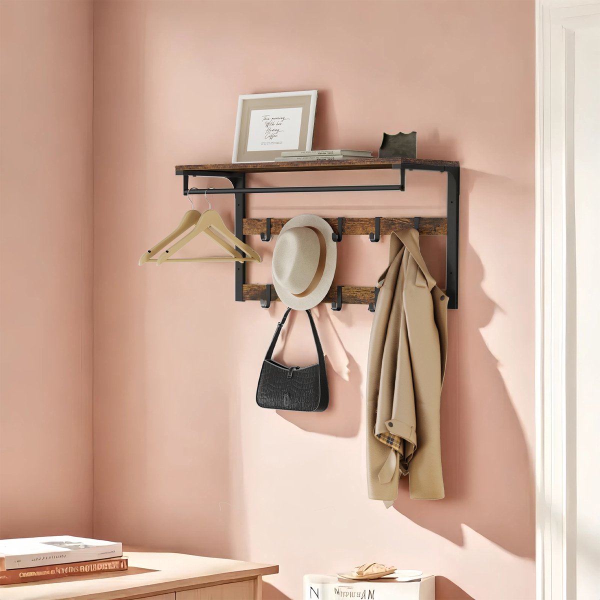 MAZAZU Kapstok met hoedenplank - Wandkapstok 10 haken - Industrieel - Vintage bruin - 80x30x42 cm