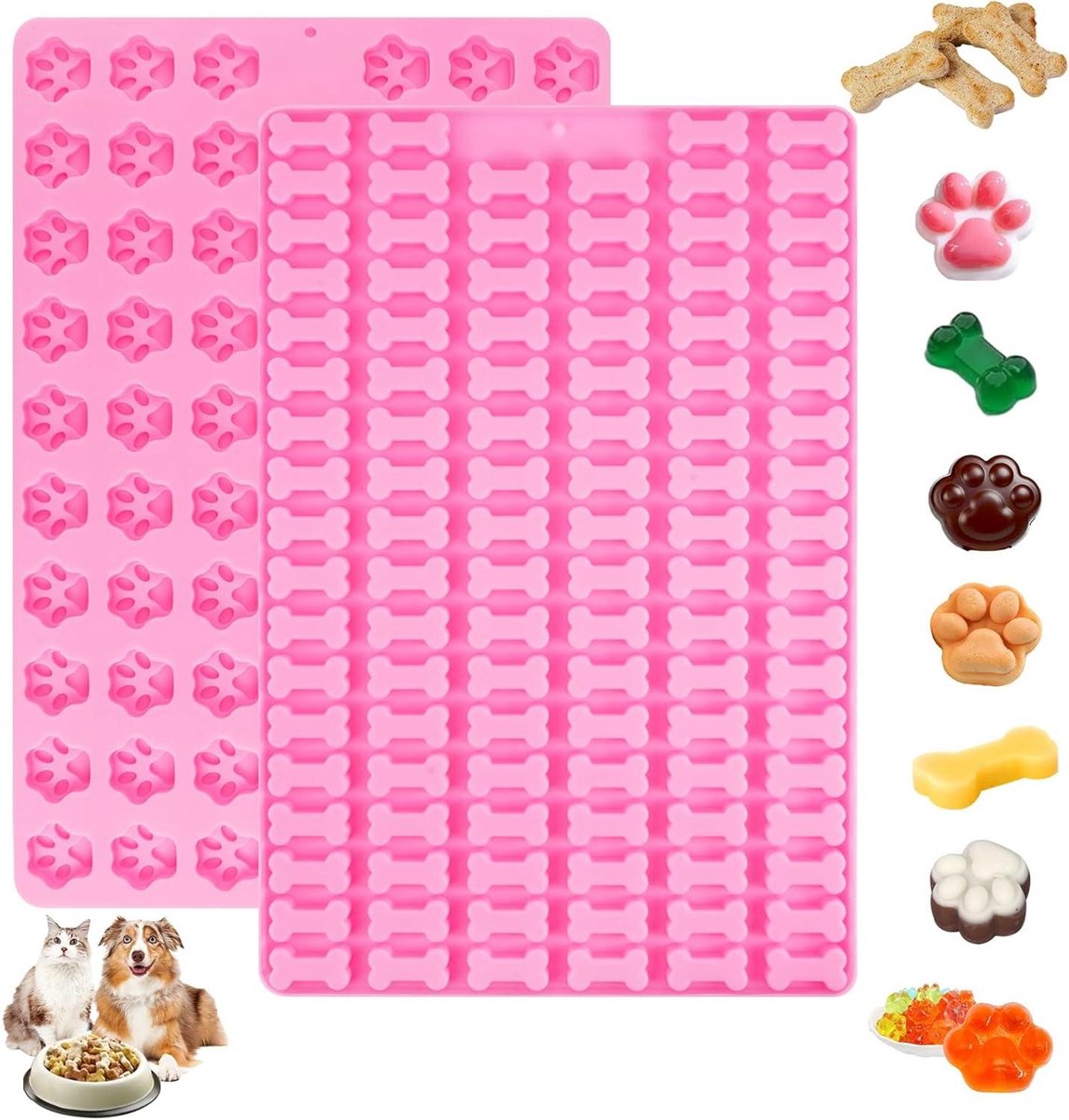 Allecto Plus - Set van 2 siliconen bakmatten voor hondensnacks - Voetafdruk en mini hondenbot vorm - Herbruikbare anti-aanbaklaag vorm voor koekjes, chocolade en meer