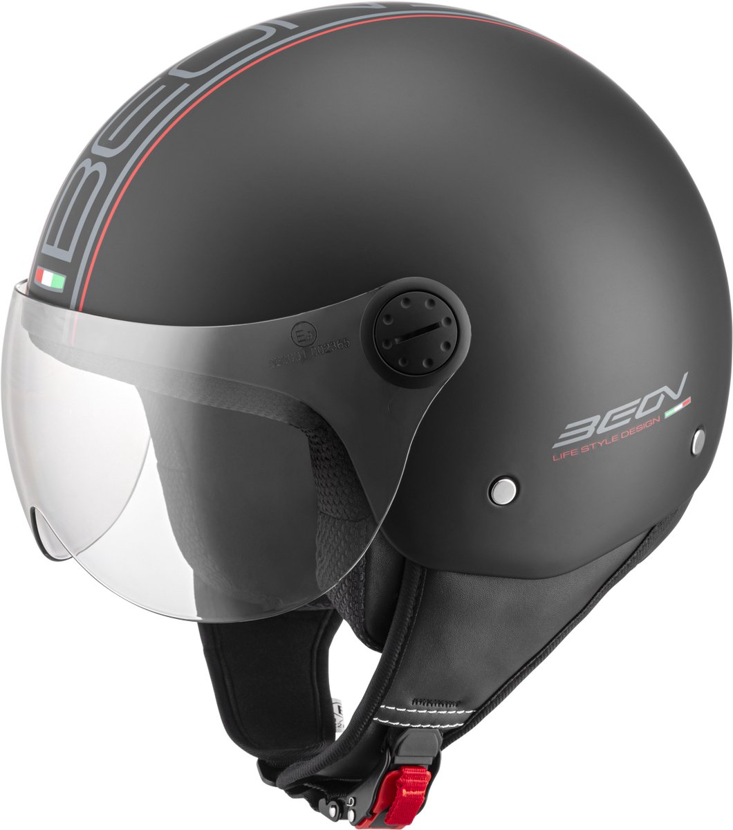 BEON Design scooterhelm - Jethelm met vizier - Geschikt als Scooter helm Brommerhelm Motorhelm Snorfiets helm - Retro Vespa helm scooter voor Volwassenen - L - Mat Zwart - Gratis helmtas