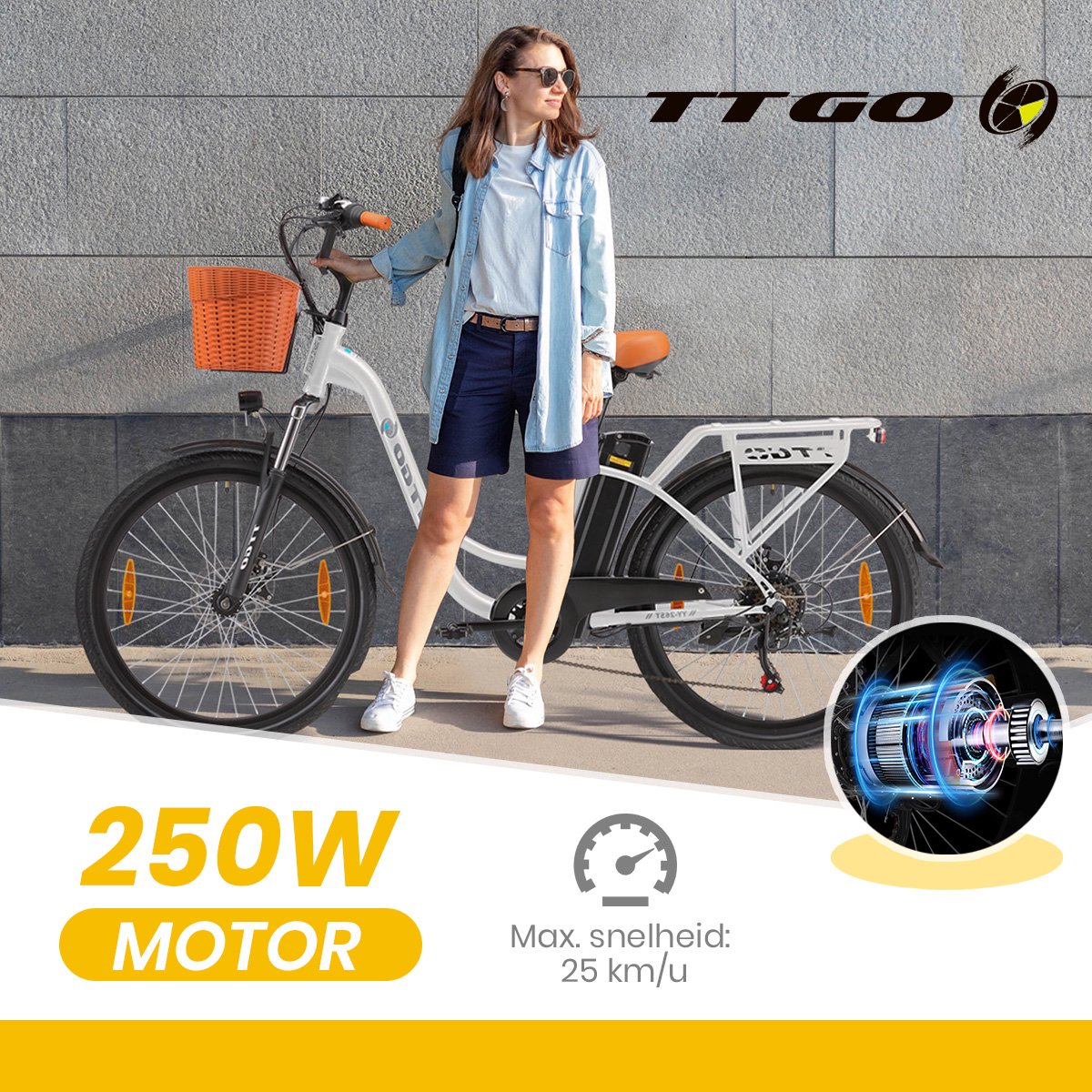 Elektrische Fiets TTGO YY-26ST Wit- 522Wh/15Ah Accu - 75 km Bereik - 250W Motor - Instap Frame - 26 Inch Wielen -Verende voorvork- Shimano 6 Versnellingen - LCD Display - Stadsfiets voor Dames en Heren thumbnail 3