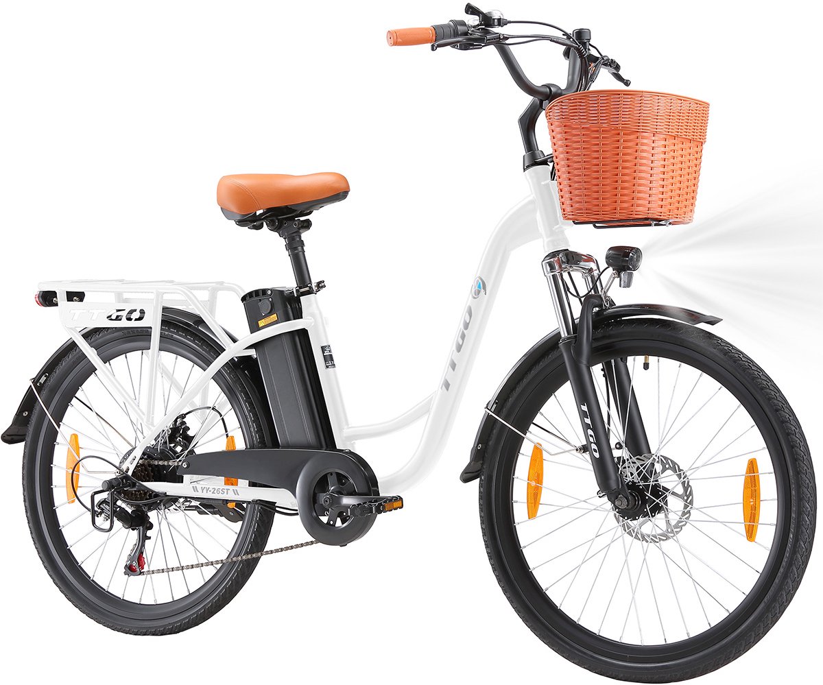 Elektrische Fiets TTGO YY-26ST Wit- 522Wh/15Ah Accu - 75 km Bereik - 250W Motor - Instap Frame - 26 Inch Wielen -Verende voorvork- Shimano 6 Versnellingen - LCD Display - Stadsfiets voor Dames en Heren thumbnail 2