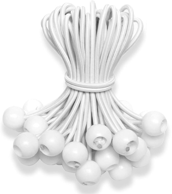 50 stuks Spanelastiek met bal - Zeilspanner met bal - Elastiek koord - Elastiek met bal - Tentspanner / Zeilspanner / Bootzeil / Spanrubber - voor Kamperen, Vlaggen en Zeildoekbevestigingen - Wit