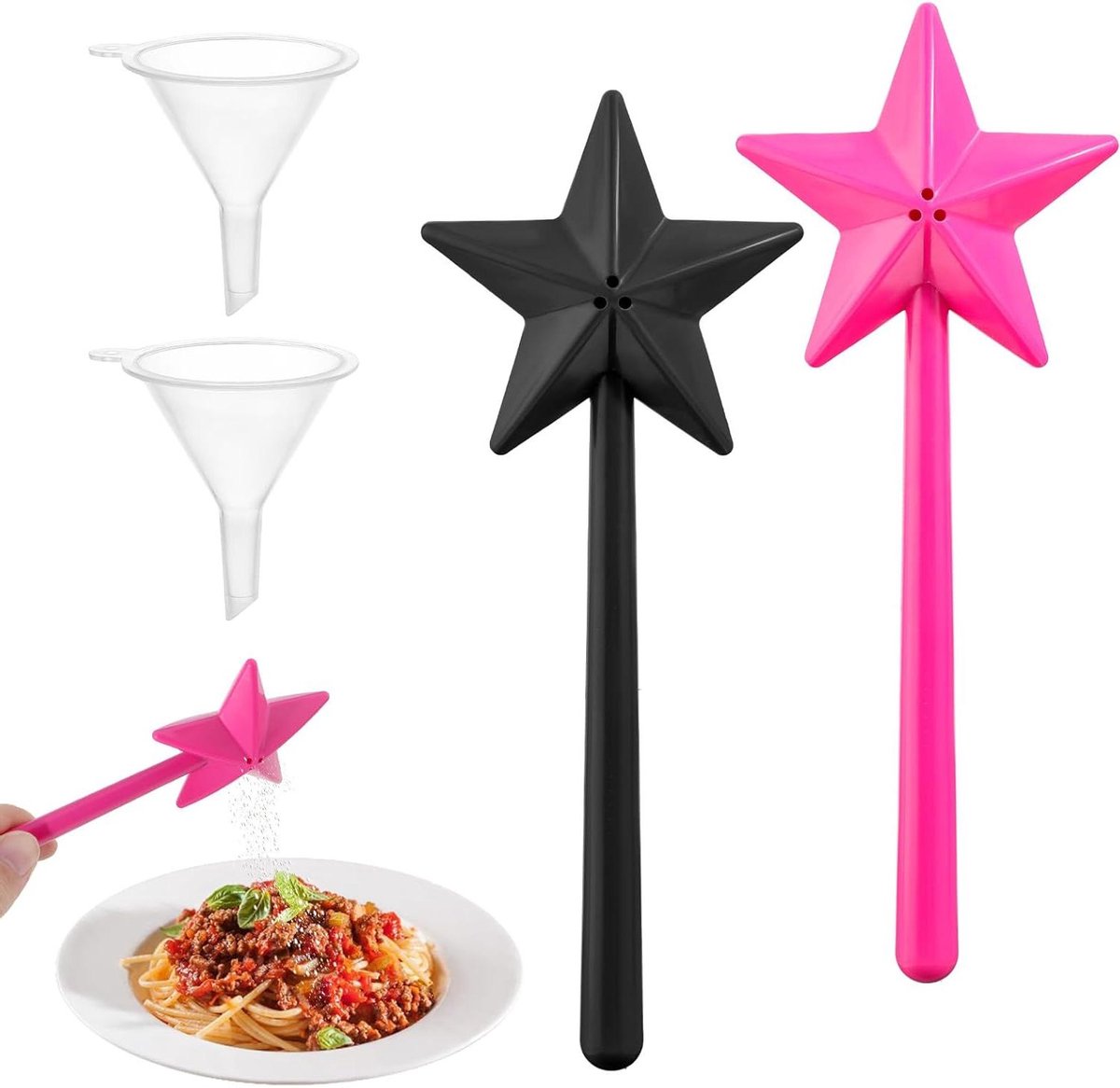 Allecto Plus - Navulbare zoutshakers met toverstaf ontwerp voor keuken - set van 2 - Halloween en Kerstmis - zwart en rozenrood