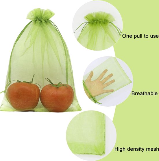 100 pièces - Sachets en organza - 20 x 30 cm - Pochettes à fruits - Sachets de protection - Sachets en filet - Avec cordon de serrage - Vert - Barrière antiparasitaire - Pour plantes, fleurs fruitières, légumes, Snoep, Bijoux et cadeaux