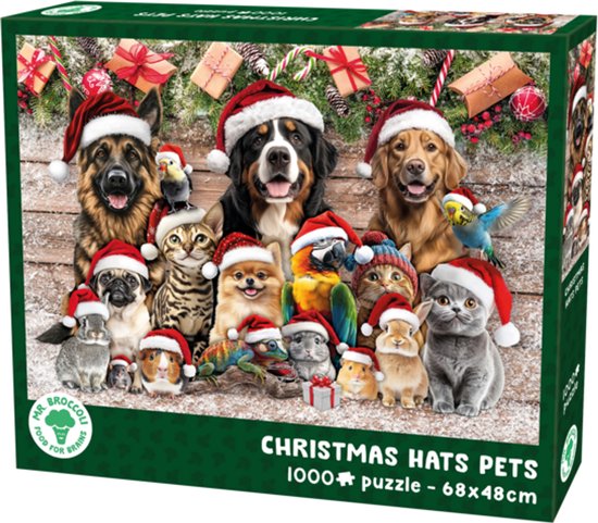 Kerstpuzzel 1000 Stukjes - Mr. Broccoli Puzzel Kerstmis Volwassenen - Christmas Hats Pets - Dieren met Kerstmuts - FSC® - 68 x 48 cm - Legpuzzel Kerst