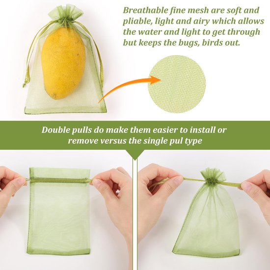100 Sacs De Protection Fruits En Filet Avec Cordon - 15x10cm, Réutilisables, Pour Fraises, Myrtilles, Légumes (vert)