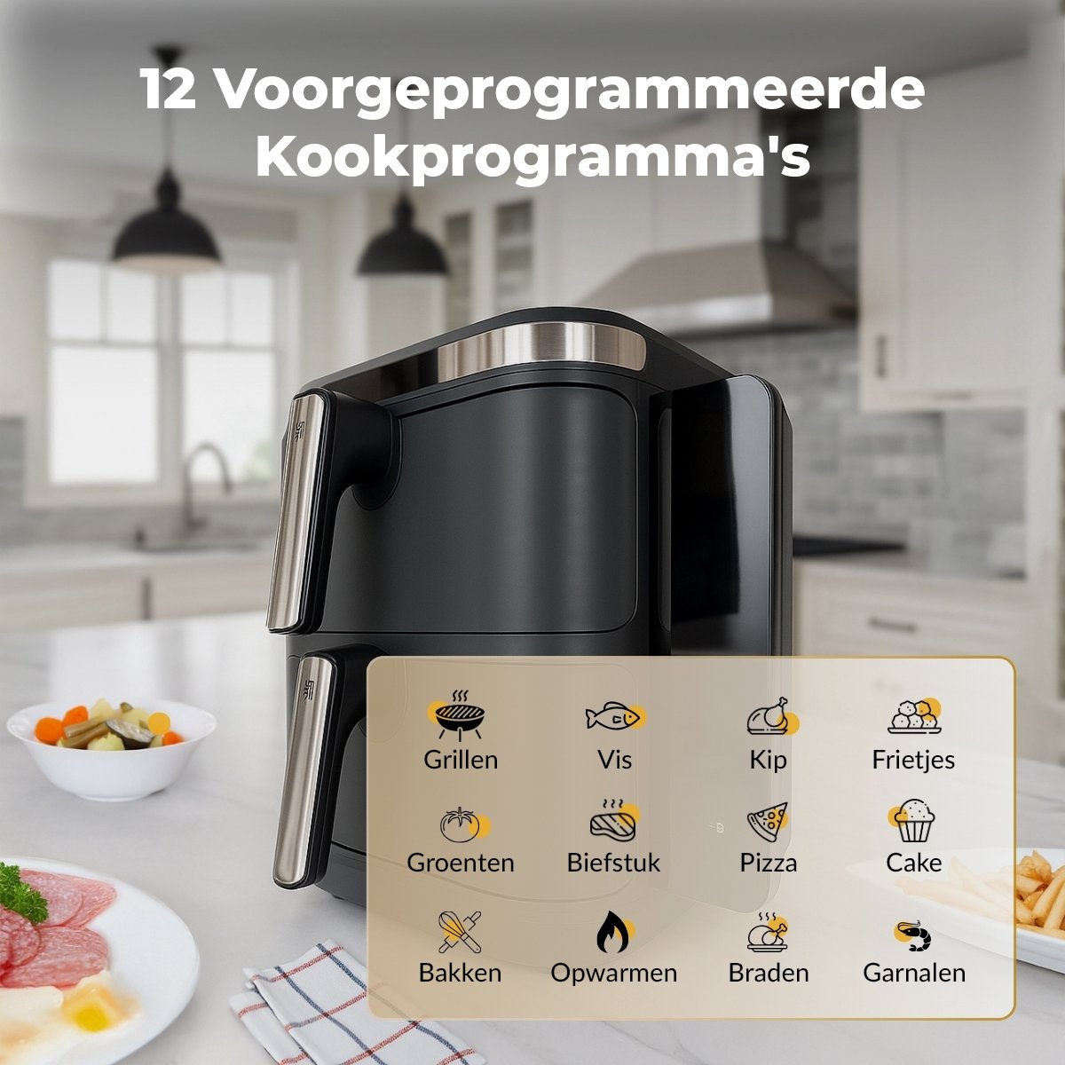 Afbeelding 2 van DCG Airfryer XXL met Dubbele Gestapelde Lades - Uitklapbaar LED display - 11 liter - 10 Programma's - Twee Kookzones - 60-200°C - 2800W - Grijs