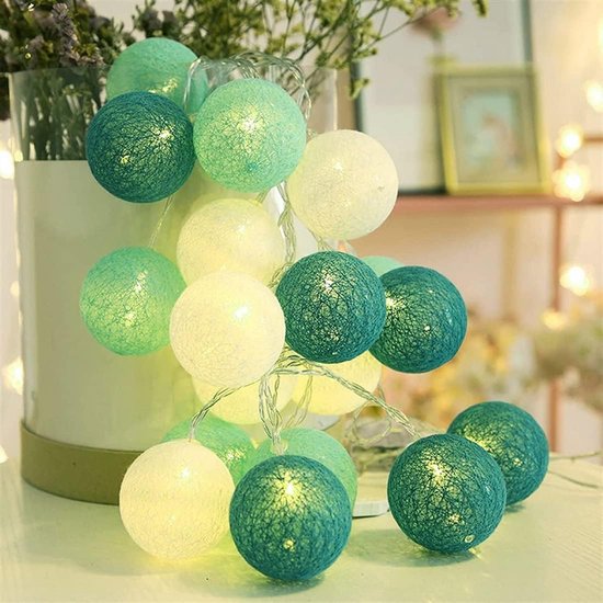 Lichtsnoer Binnen - 20 LED Katoenen Ballen Lichtsnoer met stekker - 8 modi - Cotton Ball Lights met afstandsbediening en timer - Lichtslinger voor Kinderkamer, Kerstmis, Bruiloft, Feest (Groen)