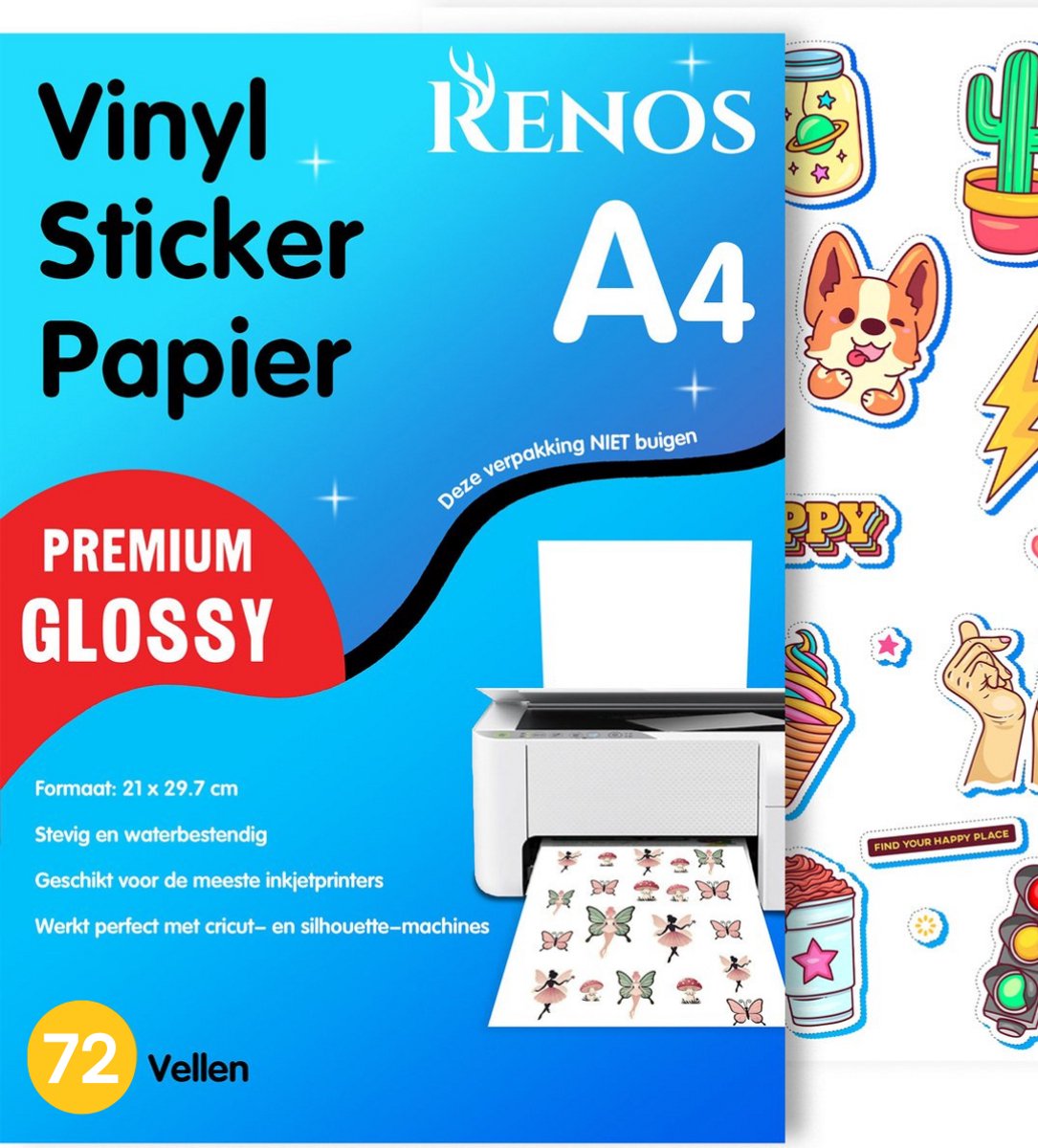 72 Glossy Vinyl Stickervellen A4 – Waterbestendig Stickerpapier voor Inkjet & Laser Printer - Geschikt voor Snijmachines