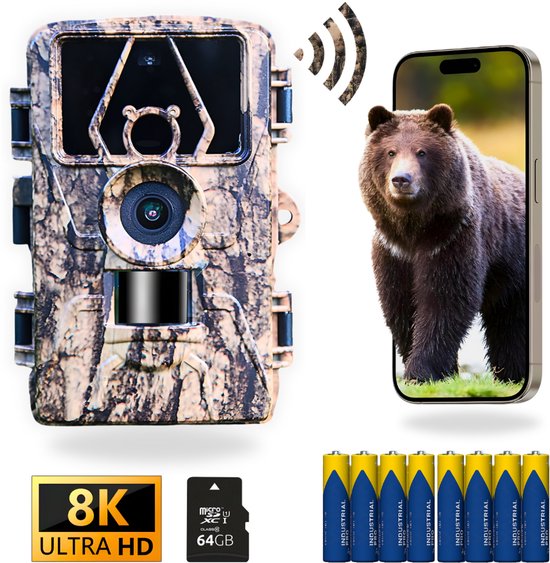 Professionele Wildcamera - 60 MP en 8K Ultra HD - Wildcamera met Nachtzicht en Wifi - Inclusief 8 Batterijen & 64GB SD Kaart - Met App - Nachtcamera - Wildcamera voor Buiten