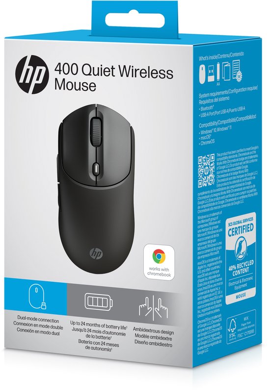 Verpakking van de HP 400 Stille Draadloze Muis in het zwart, met afbeelding van de muis en tekst.