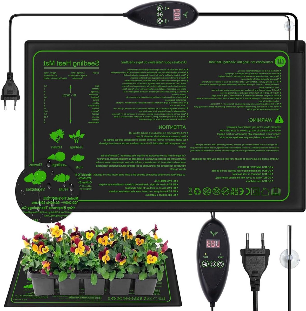Verwarmingsmat voor planten 52 x 25 cm met thermostaat en temperatuurregeling IP67 waterdi