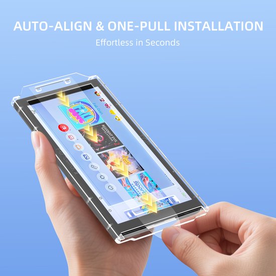 Een hand die een Nintendo Switch met een screenprotector erop erop plaatst. Ernaast instructies voor "AUTO-ALIGN & ONE-PULL INSTALLATION".