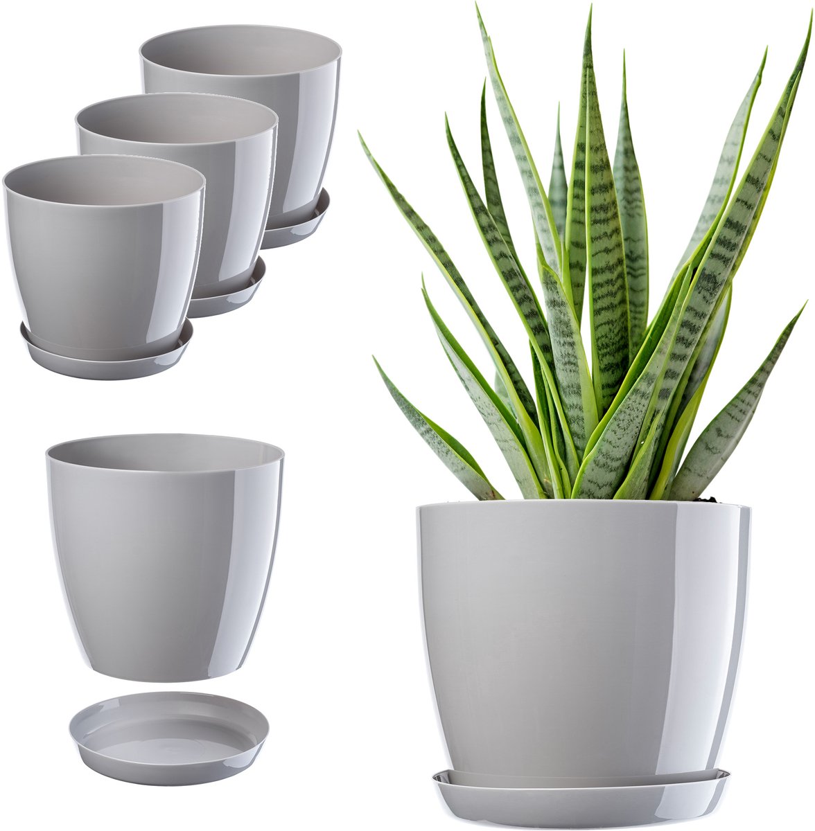 KADAX Bloempot, plantenpotset met onderschotel, kunststof bloempot ronde plantenpot voor binnen, bloempot voor bloemen en kamerplanten, kruidenpot (set van 3-18 cm, grijs)