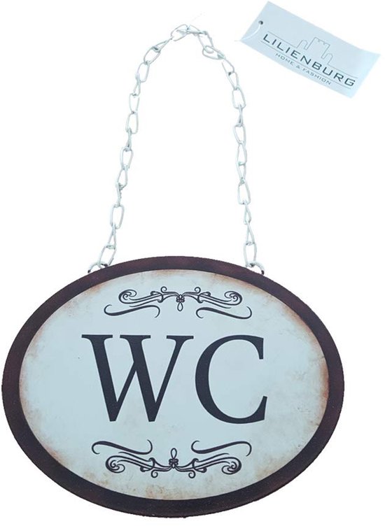 Plaque en métal 'WC' - look vintage - 1 pièce - multicolore - avec chaîne blanche