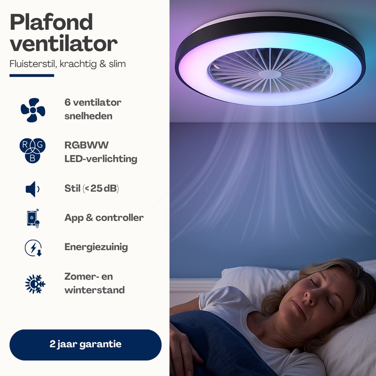 Slimme Plafondventilator met LED Verlichting - App & Afstandsbediening - Plafondlamp met Ventilator - Fluisterstil - Voor Slaapkamer & Woonkamer & Kinderkamer - Ø50 cm - Zwart thumbnail 5