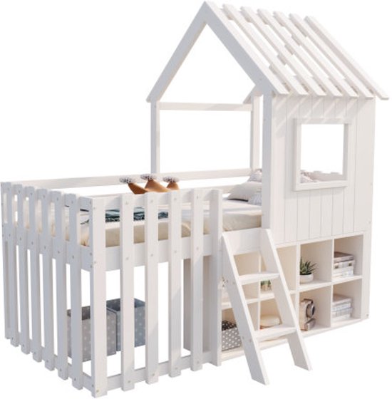 Lit cabane pour enfant 90x200, avec toit et fenêtre, avec espace de rangement ouvert, avec échelle d'escalade, lit superposé pour enfant en bois massif sans matelas, blanc