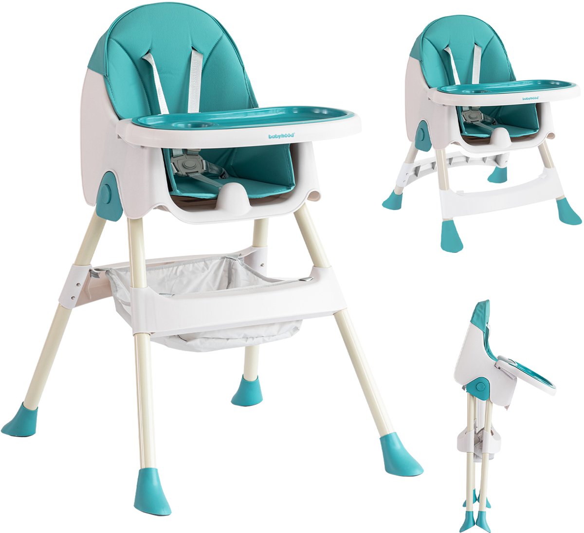 OFMOTRA Kinderstoel 3 in 1 - Inklapbare Eetstoel - Kinderzetel - met opbergmand - Verstelbaar Baby Stoel - Peuterstoel - 5-punts Gordel - Uitneembaar lederen kussen - Meegroei Stoel - Blauw