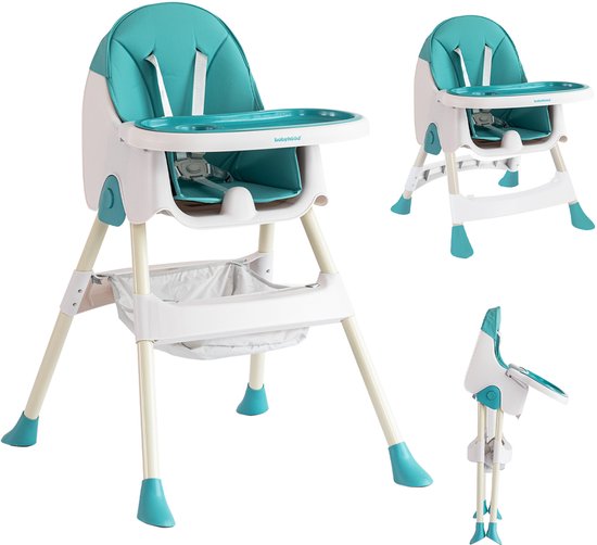 OFMOTRA Kinderstoel 3 in 1 - Inklapbare Eetstoel - Kinderzetel - met opbergmand - Verstelbaar Baby Stoel - Peuterstoel - 5-punts Gordel - Uitneembaar lederen kussen - Meegroei Stoel - Blauw