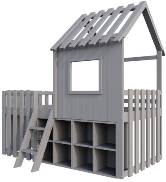 Lit cabane pour enfant 90x200, avec toit et fenêtre, avec espace de rangement ouvert, avec échelle d'escalade, lit superposé pour enfant en bois massif sans matelas, gris