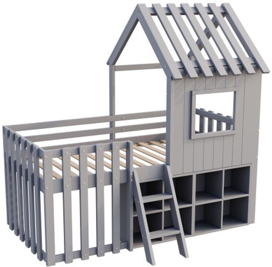 Lit cabane pour enfant 90x200, avec toit et fenêtre, avec espace de rangement ouvert, avec échelle d'escalade, lit superposé pour enfant en bois massif sans matelas, gris