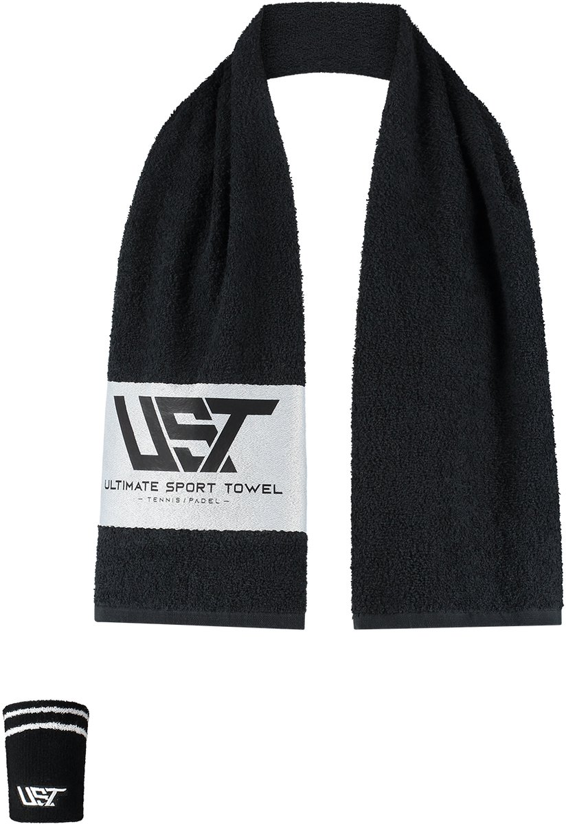 UST Sporthanddoek Tennis & Padel Set – Kleur Zwart met Polszweetband + Racket Grip & Bidon