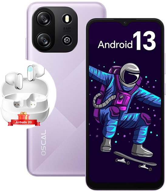 Oscal Blackview Flat 1C 6.517'' 4GB+32GB-SD 1TB 8MP+5MP 4700mAh Android 13 Dual SIM Crystal Purple Met oortelefoon Blackview Airbuds 20
