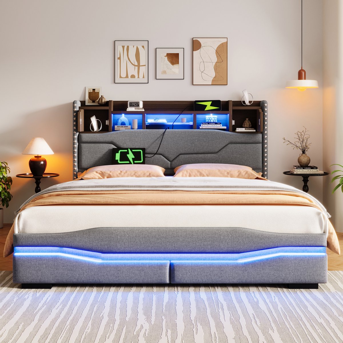 Gutent Gestoffeerd bed - 160x200 cm - met USB-oplaadcontact - sfeerverlichting - met opbergvak - hydraulisch opbergbed - Zonder matras - Grijs