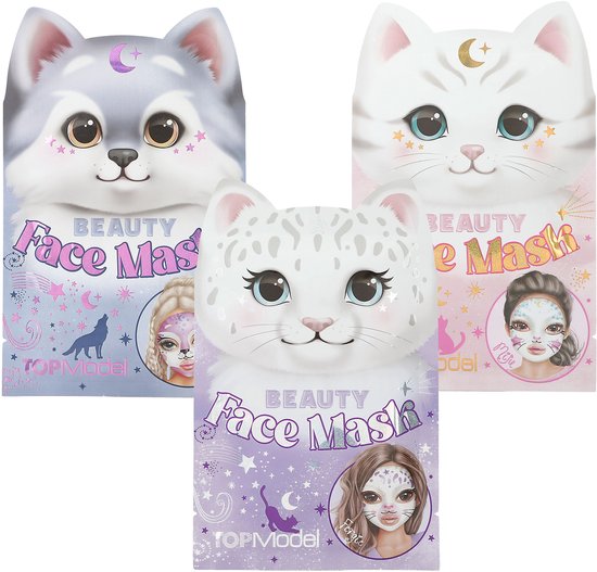 Trois emballages de masques pour le visage avec des images de chats et de loups et des détails pailletés.