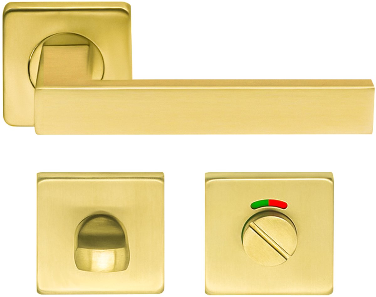 Deurklink Op Vierkant Rozet met Badkamer/WC-Slot - Goud - Deurkruk - Deurbeslag Set - Incl. Bevestigingsmateriaal - Terugslagveer
