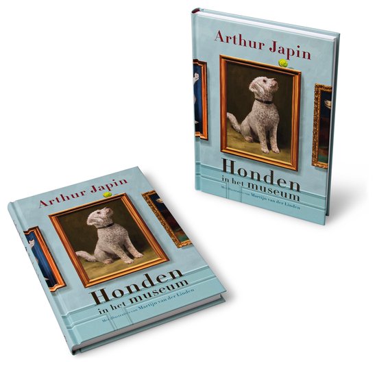 Twee exemplaren van het boek "Honden in het museum", met op de voorkant een schilderij van een hond.