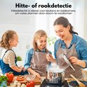 Vrouw en twee dochters koken in de keuken, met tekst over hitte- of rookdetectie.
