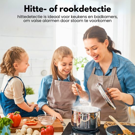 Vrouw en twee dochters koken in de keuken, met tekst over hitte- of rookdetectie.