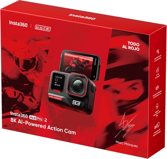 Insta360 Ace Pro 2 8K actiecamera, Marc Márquez editie, op rode verpakking met grafische elementen en handtekening.