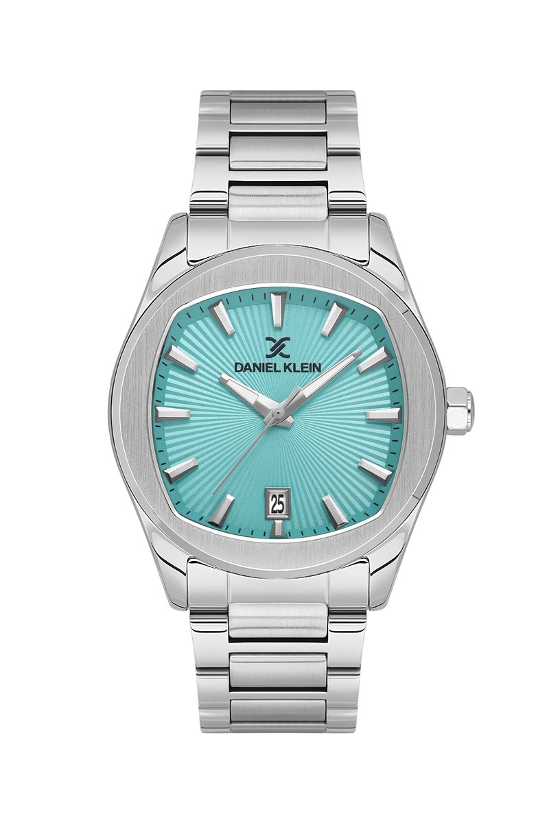 Daniel Klein DK.1.13979-4 - Horloge - Polshorloge - Analoog - Mannen - Heren - stalen band - Metaal - Rond - Afgerond vierhoek - Datumaanduiding - Strepen - Zilverkleurig - Turkooisgroen - Lichtblauw - Wit - Zwart